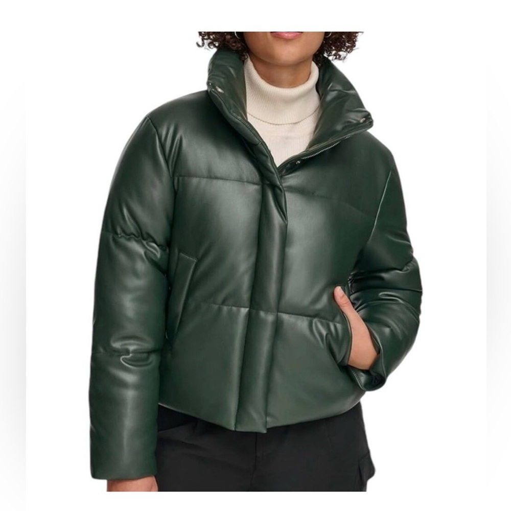 Levi's Water Resistant Vegan Leather Short Puffer Jacket OLIVE new